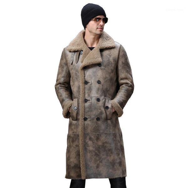 

thicken long luxury sheepskin shearling fur men fashion formal suit collar genuine leather outwear winter warm real coat men's & faux, Black