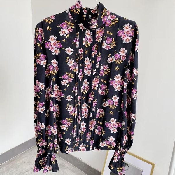 

floral printed women shirt stand collar long sleeve casual wild lady blouse women's blouses & shirts, White