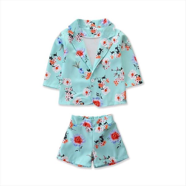 

baby summer clothing childrens girls floral coat shorts two piece suit kids clothes formal sets, White
