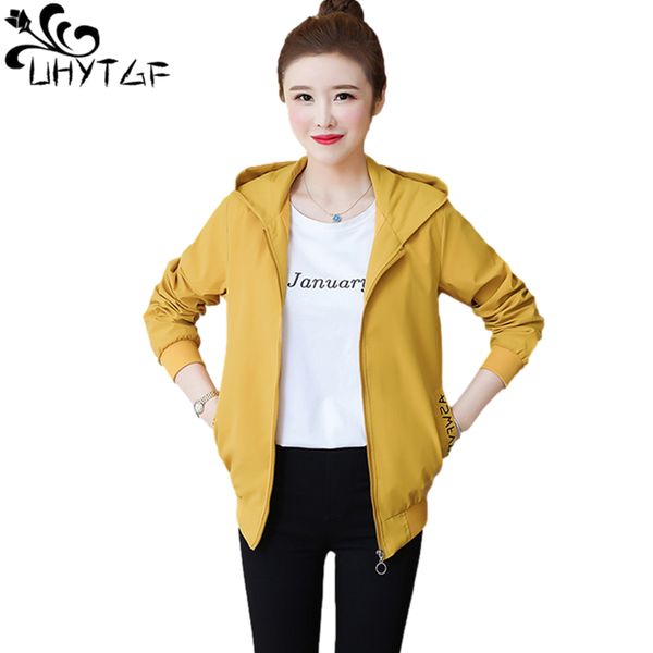 

women's jackets uhytgf spring autumn jacket women fashion pocket zipper hooded thin coat casual short loose 4xl plus size outwear 1550, Black;brown