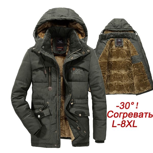 

plus size winter jacket men windbreaker thick warm mens parkas wool liner hooded coat male outdoor multi-pocket jackets l-8xl, Black