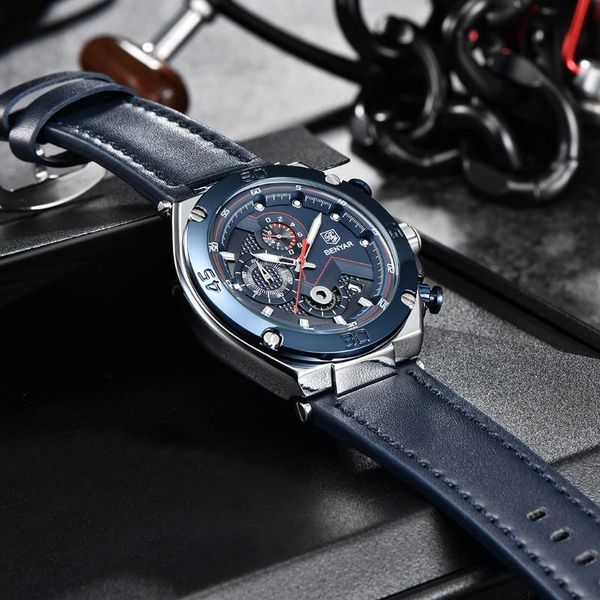 

wristwatches benyar fashion sports quartz watchbrand waterproof 30m male watches leather military chronograph montre femme, Slivery;brown