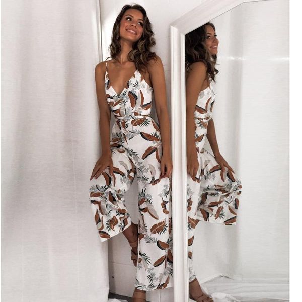 

women's jumpsuits & rompers beach boho women spaghetti strap wide leg summer jumpsuit loose printed casual, Black;white