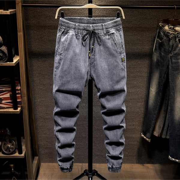 

men's jeans 7xl 6xl 5xl plus size harem summer thin loose casual drawstring gray denim trousers oversized pants streetwear male, Blue