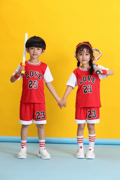 

red 2 basketball sets for kids kit young sports suits jersey+shorts love #23 boy children clothing wear, Black;red