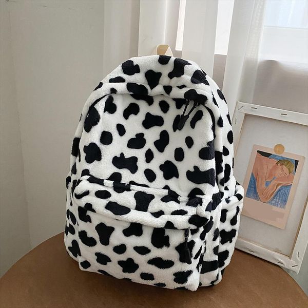 

casual plush backpack school shoulder bag women animal cow pattern travel rucksack lady student capacity