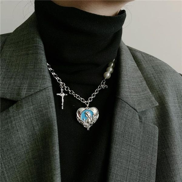 

pendant necklaces u-magical head portrait asymmetric blue love heart cross necklace for women rhinestone faux pearl chain jewelry, Silver