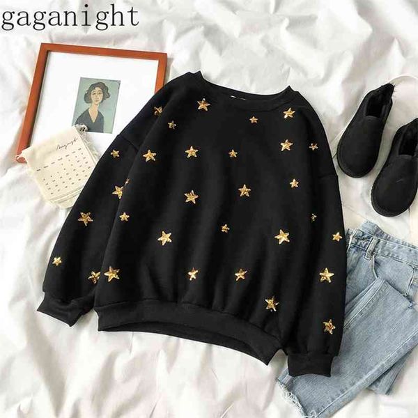 

gaganight sequin stars fashion women hoody blingbling sweatershirt long sleeve o neck casual loose outwear female fleece 210519, Black