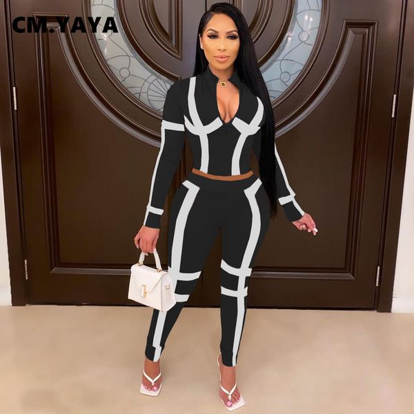 

activewear striped print womens set zipper up long sleeve legging pants suit trasuit two piece set fitness outfitby air, White