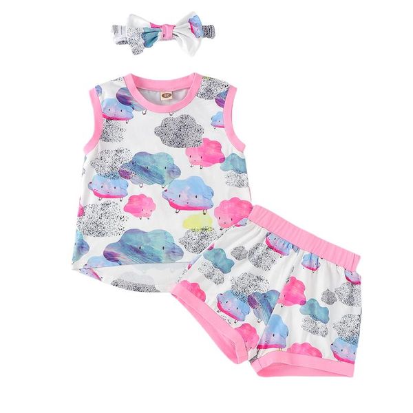 

clothing sets 3pcs baby girls clothes set 2021 summer cartoon cloud print sleeveless tank + shorts headband casual infant tracksuit, White