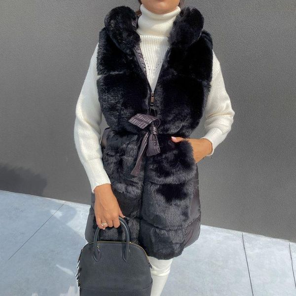 

women's fur & faux yana fashion zipper hooded vests women elegant patchwork tie belt coats winter closure long cotton ladies, Black
