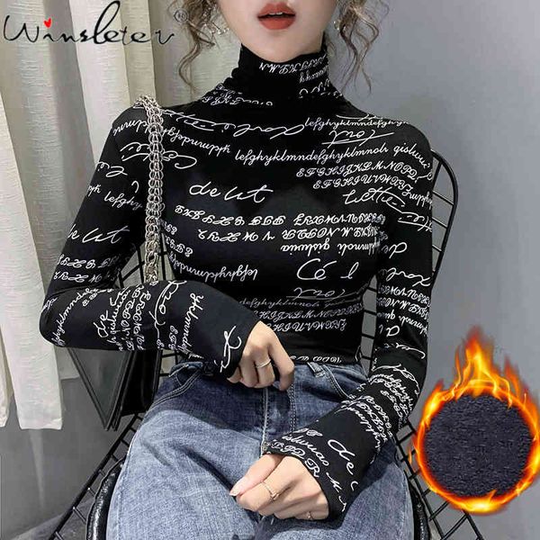 

women's t-shirt fall winter korean style graffiti letter t-shirt women long sleeve print brushed cotton ropa mujer with fleec, White
