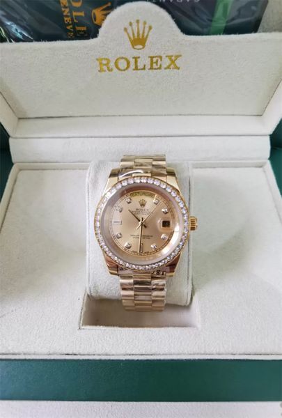 

with original box luxury fashion watches 8k yellow gold diamond dial & bezel 18038 automatic mens men's watch 20288, Slivery;brown