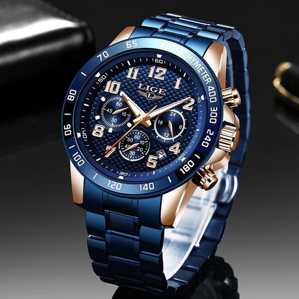 

wristwatches lige fashion blue all steel mens watches calendar week display clock military waterproof quartz watch men sport chronograph, Slivery;brown