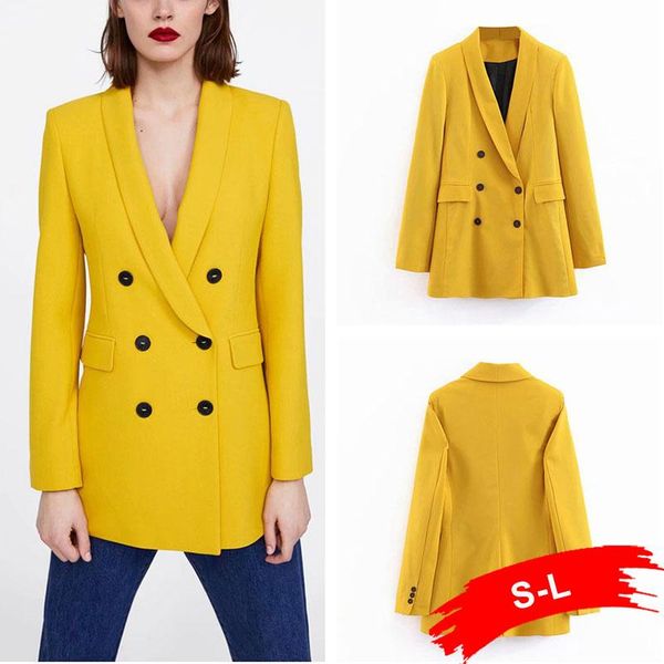 

women's suits & blazers european and american double breasted blazer women long-sleeved suit casual yellow jacket, White;black