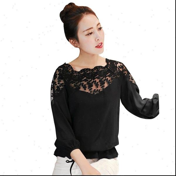 

fashion chiffon lace flower embroidered women blouses loose long sleeve shirts, White