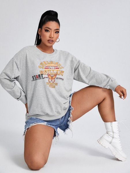 

plus butterfly and letter graphic drop shoulder sweatshirt f4pi#, Black