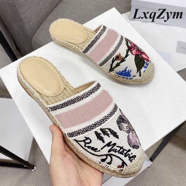 

70% off wholesale sandals flip-flops summer new style embroidery flower fisherman shoes straw woven all-match flat-bottom half-drag women sl, Black