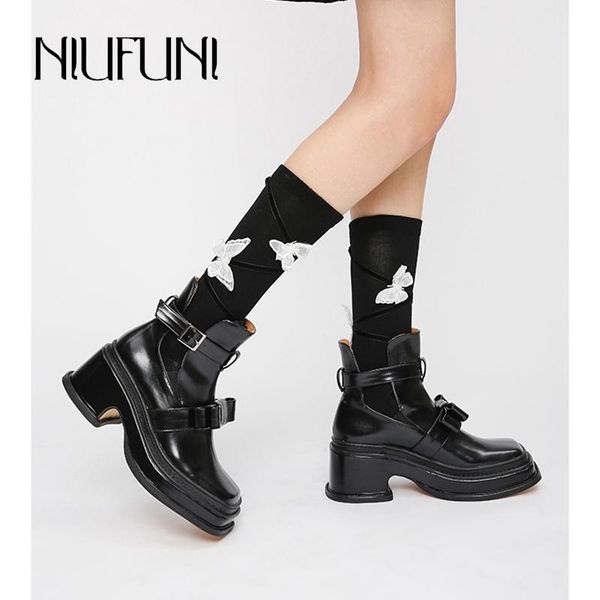 

boots females british autumn 2021 square head nright leather thick high heels platform women's bow hollow motorcycle ankle botas, Black