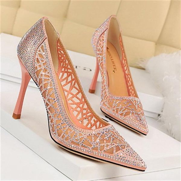 

dress shoes krasa fashion banquet high heel shallow mouth pointed thin mesh hollow shiny diamond women's single shoe, Black