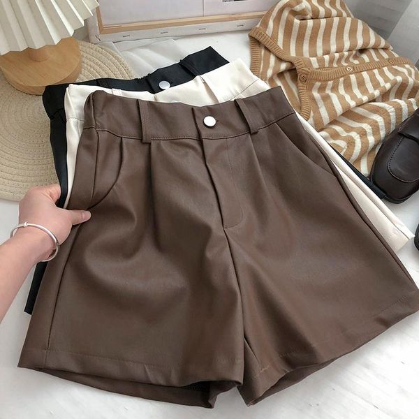 

women's shorts black one button high waist solid color a-line wide-leg women autumn 2021 korean wild thin casual pu leather lady, White;black