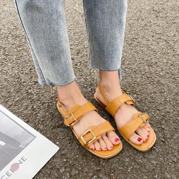 

sandals low woman leather all-match suit female beige shoes lady 2021 buckle summer heels low-heeled flat comfort black fashion