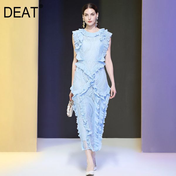 

[deat] summer new fashion tide round neck high waist ruffles sleeveless solid color loose temperament elegant dress 13q007 210430, Black;gray