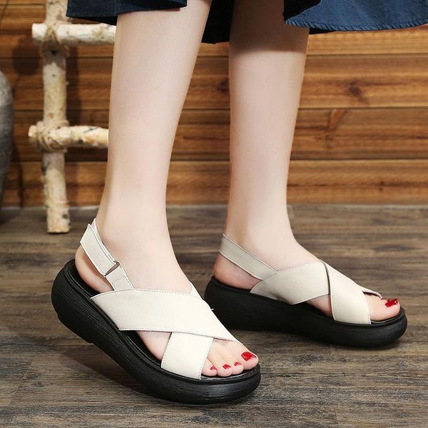 

dress shoes women leather sandals 5 cm high heels wedge summer casual white handmade genuine 2021, Black