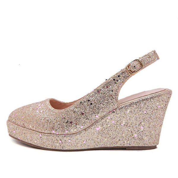 

sandals ceyaneaowomen's wedges shoes ladies fashion solid sequins bling round head woman strap shallow casual sanda reye, Black