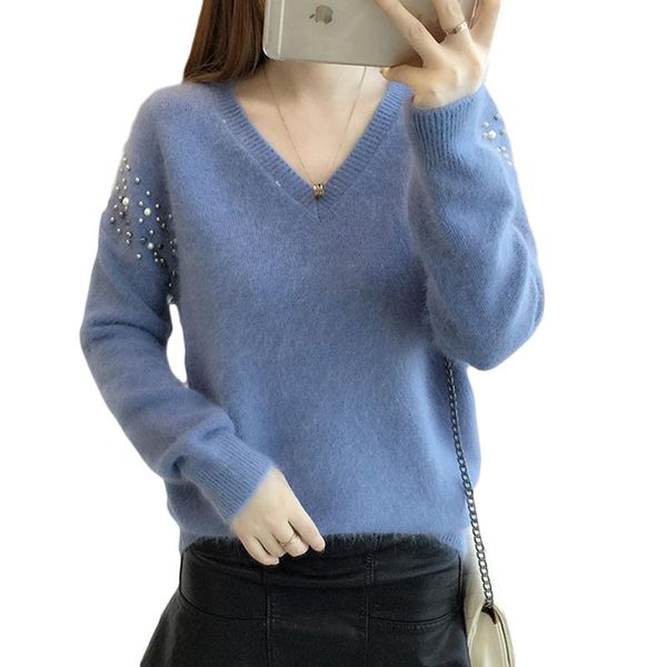 

women's sweaters warm autumn knitted sweater women 2021 beading short casual pullover loose large size ladies knitwear d37, White;black