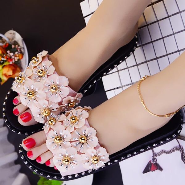 

pink pearl shiny rhinestones platform luxury slides outdoor non-slip house shoes designer elegant open toe ladies slippers, Black
