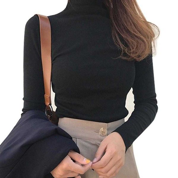 

women's t-shirt women shirts casual solid color base shirt long sleeve turtle neck slim black white all-match simple h70