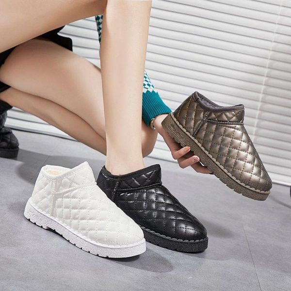 

boots winter pure color round head and short cylinder diamond daily students flocking warm shoes snow women, Black