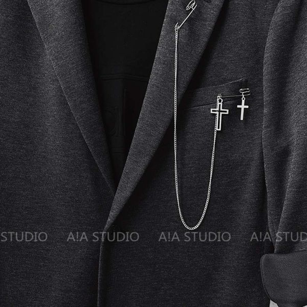 

punk pendant pin clip chain men's and women's long cross brooch suit accessories, Gray