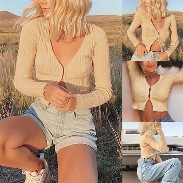 

women's fashion solid color deep v crop long sleeve rib crochet short apricot t-shirt, White
