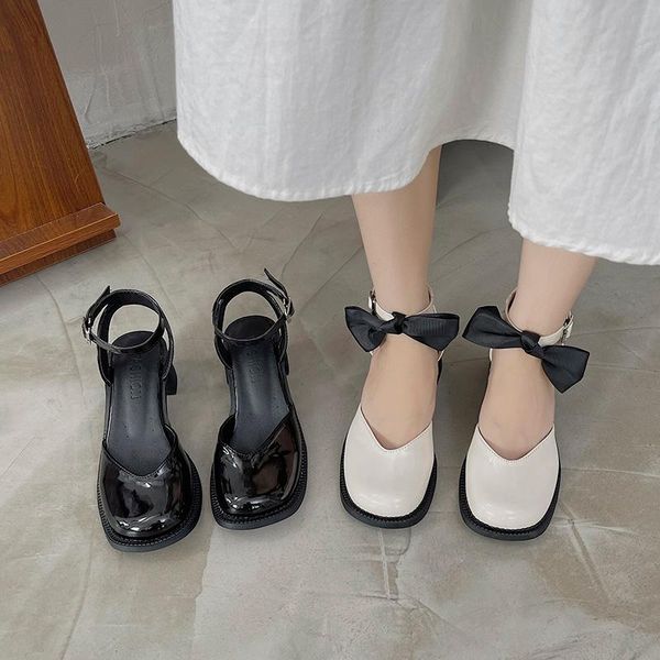 

sandals med female sandal square toe shoes 2021 summer clear heels buckle strap medium girls retro fashion beige comfort closed casu, Black