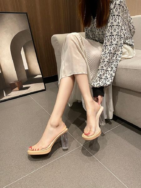 

slippers transparent crystal heel fashion high-heeled temperament ladies summer trend with waterproof platform., Black