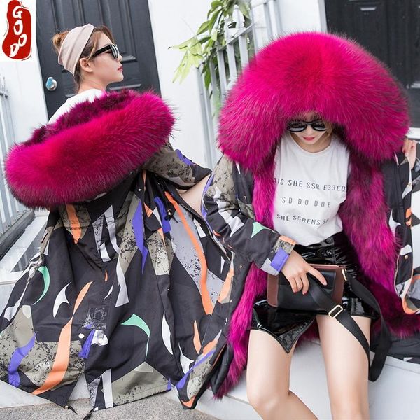 

women's fur & faux luxury real coat parka winter raccoon liner long jacket large hooded women clothes 2021 warm coats bkz120895, Black