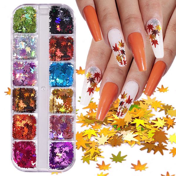 Autunno Foglia d'acero Ringraziamento Unghie Adesivi Glitter Decalcomanie Autunno Olografico Paillettes Fiocchi Lamine Unghia Decorazioni d'arte Manicure