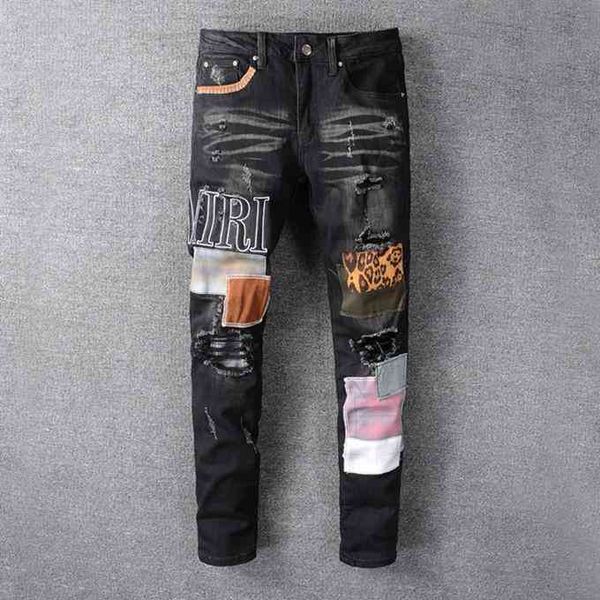 

2022 new hip-hop high street fashion brand jeans retro torn fold stitching men's digner motorcycle riding slim size sky blue dark gray