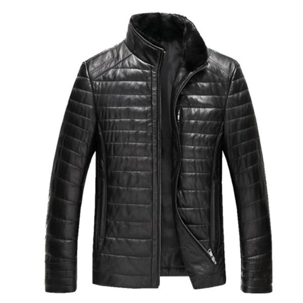 

men's leather & faux real sheepskin jacket plus size 6xl7xl 2021 winter warm genuine duck down men parka l480, Black