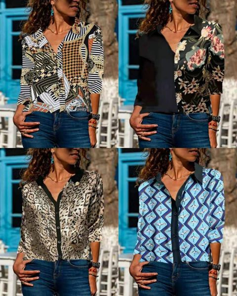 

women's t-shirt 2021 casual stitching printing commuter fashion shirt long sleeve women, White