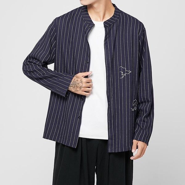 

ethnic clothing chinese style men's clothes embroidery linen shirt autumn coat tang traditional stripe plus size, Red