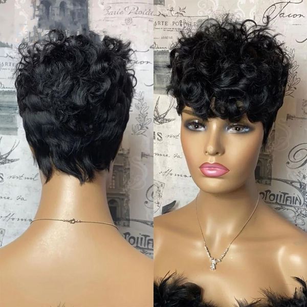 

short loose curly human hair wigs natural black color brazilian remy full none lace front wig with bangs for women, Black;brown