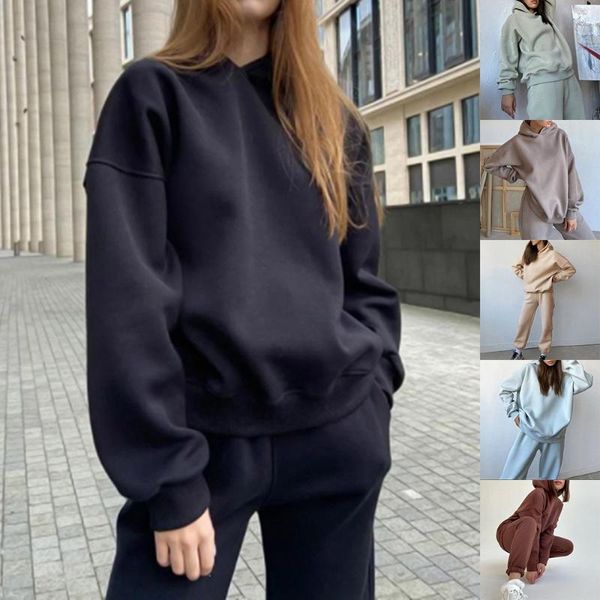 

women's two piece pants 2021 arrival women solid hoodie set ladies autumn winter thickened sweater suit casual trousers streetwear two-, White