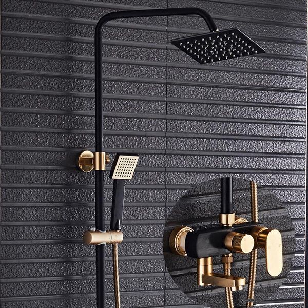 

black&gold shower faucet space aluminum bathtub rainfall head handheld bar wall mount bathroom mixer tap set sets