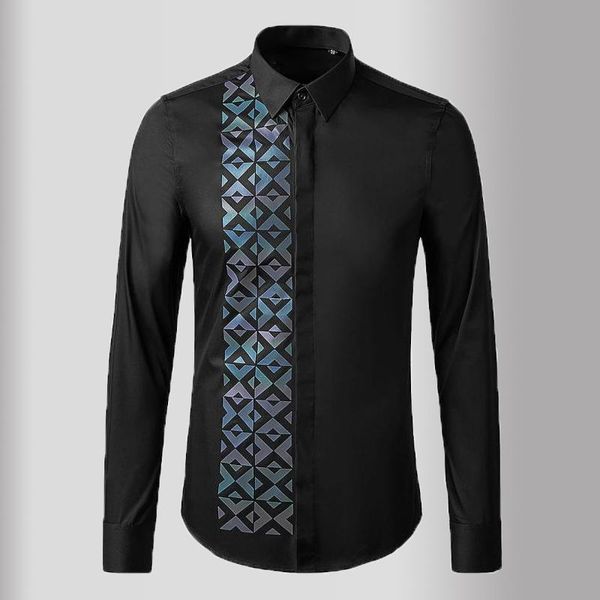 

men's casual shirts black white mens luxury long sleeve geometric dress slim fit male 3xl, White;black