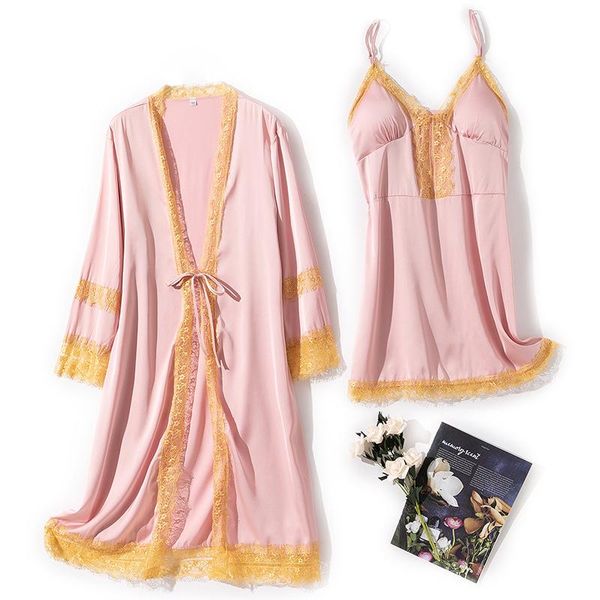 

women's sleepwear satin women nightdress lace kimono bathrobe gown 2 piece robe sets nightwear spring summer nightgown, Black;red