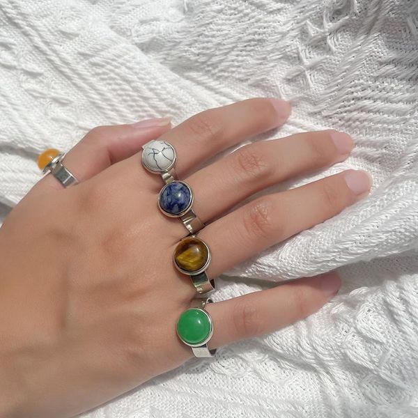 

wedding rings 10 mm vintage natural stone open for women lapis lazuli malachite opal classical lady gifts adjustable, Slivery;golden