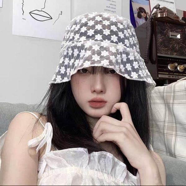 

harajuku summer bucket hat for women fashion floral lace fascinator wide brim sun hats white black dress, Blue;gray